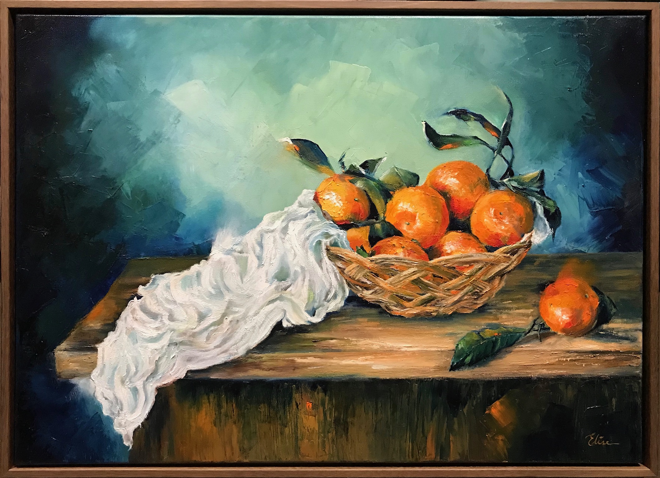 Tangerines, mandarins in basket, LaureneliseArt, whitecloth, still life tangerines
